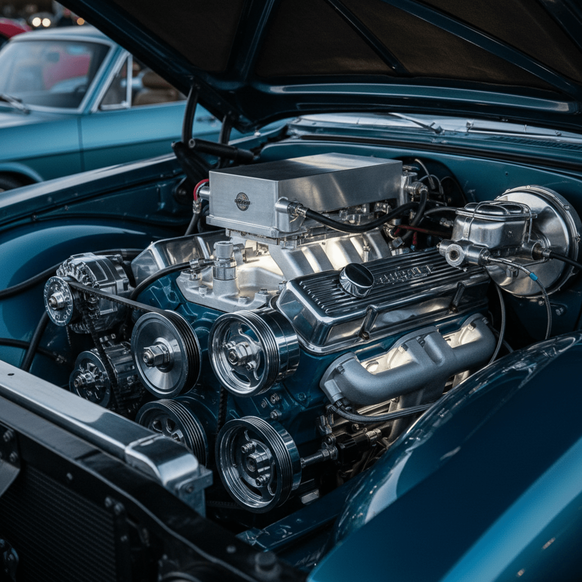 Meticulously restored V8 engine in a custom bay with soft white LED accent lighting.