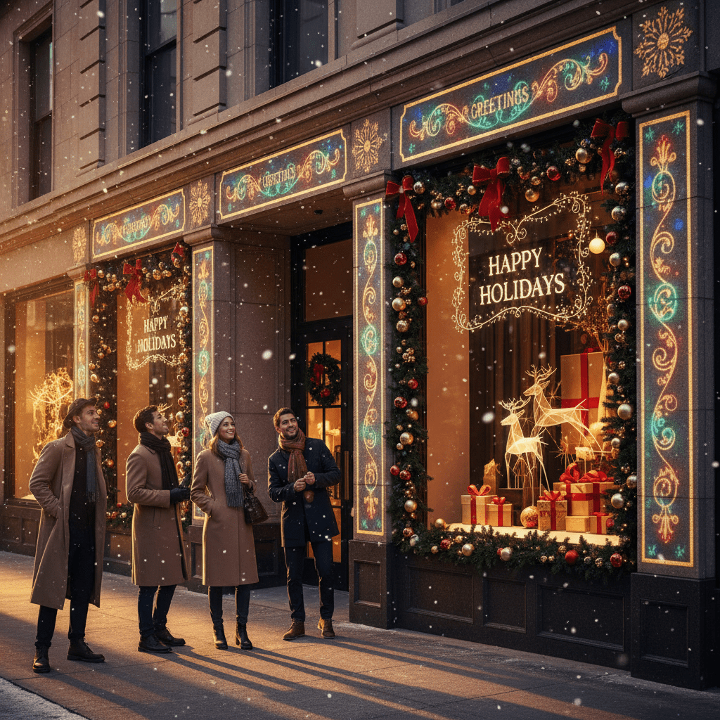 City storefront illuminated by animated holiday greetings projected onto its facade.