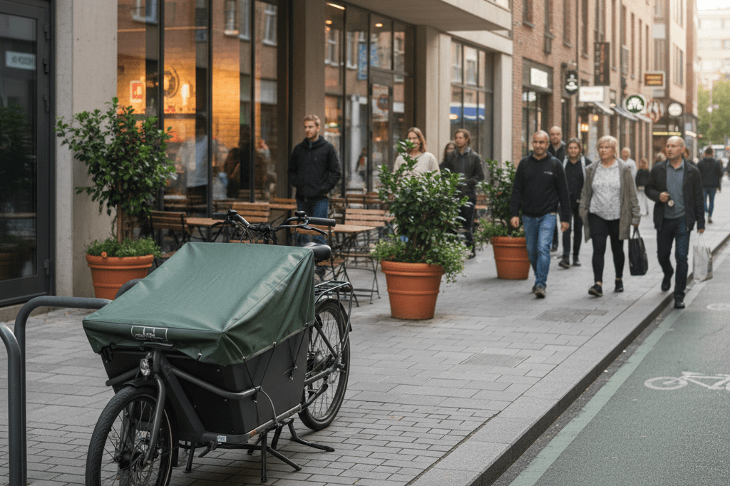 Electric cargo bike parked in a vibrant urban environment Modern electric cargo bike with weatherproof fabric parked near a bustling café under natural light, highlighting sustainable transport trends