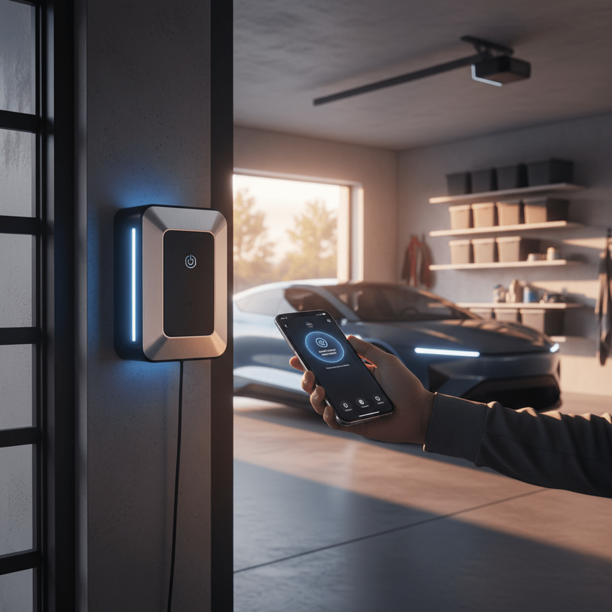 Smart garage opener with LED lights beside futuristic entrance, electric car parked.