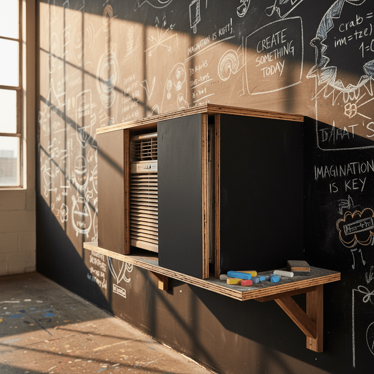 Hidden AC unit in a custom chalkboard plywood box AC unit concealed in a matte black chalkboard-painted plywood box with creative studio background.