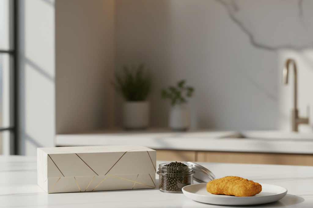 Medium shot of premium caviar beside a golden chicken nugget on a clean kitchen counter, symbolizing high-low food trend