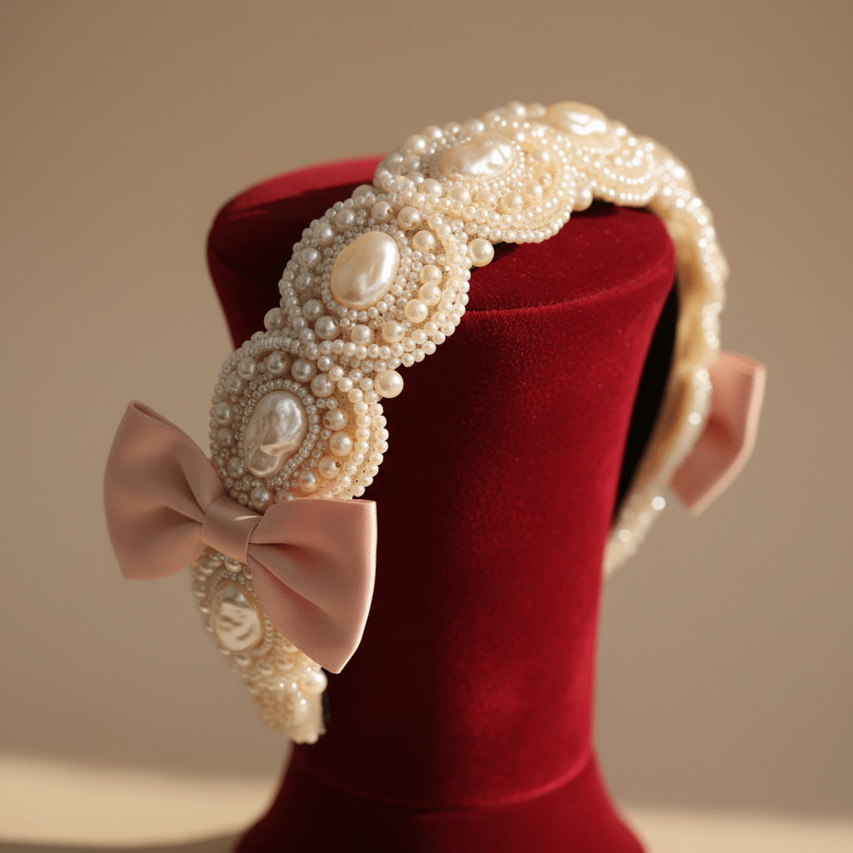 Luxurious pearl-encrusted bow headband with intricate texture on a velvet pedestal.