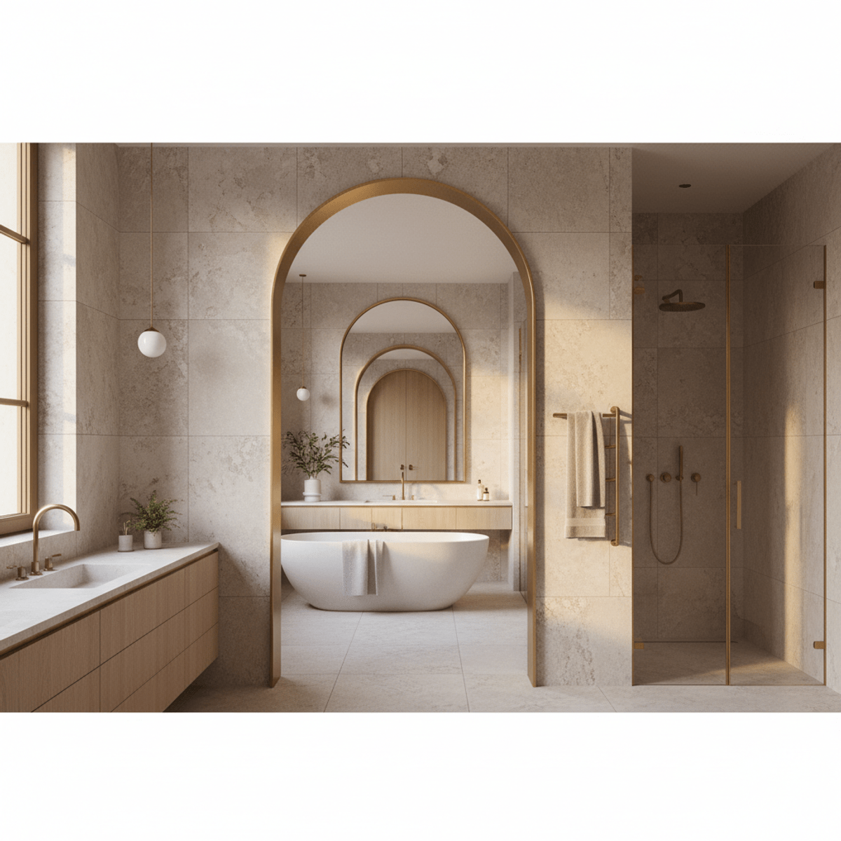 Arched doorway leads to luxury bathing area with oak cabinets. Luxury bathroom with arched doorway, oak cabinetry, and organic stone tiles.