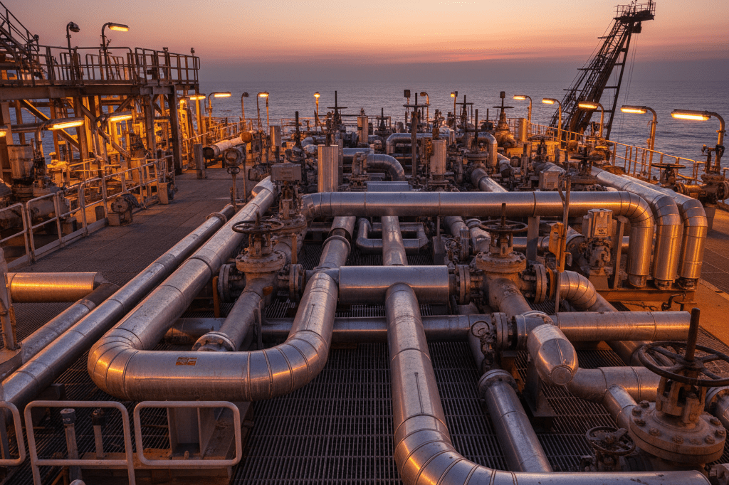 Industrial offshore platform deck under warm twilight ambient light Steel pipes and valves on an offshore platform deck lit by warm lamps, symbolizing long-term energy deals