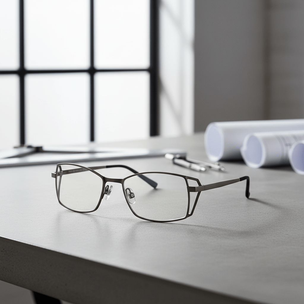 Architectural titanium eyeglasses with geometric frames rest on a concrete desk.