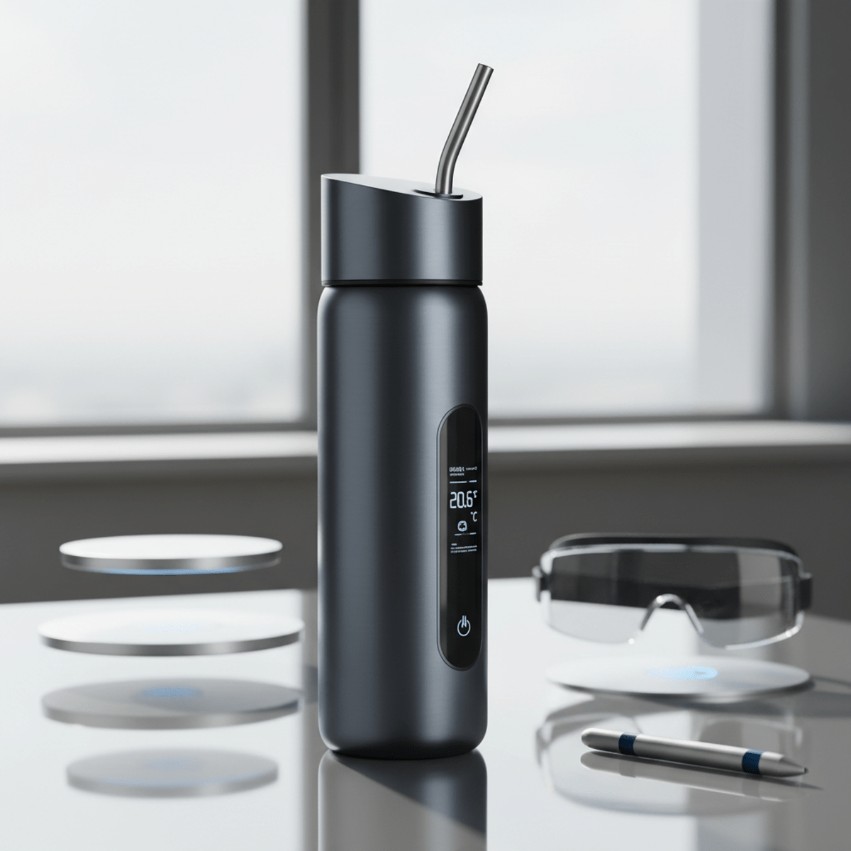 Futuristic vacuum-insulated stainless steel water bottle with LED display on reflective surface.