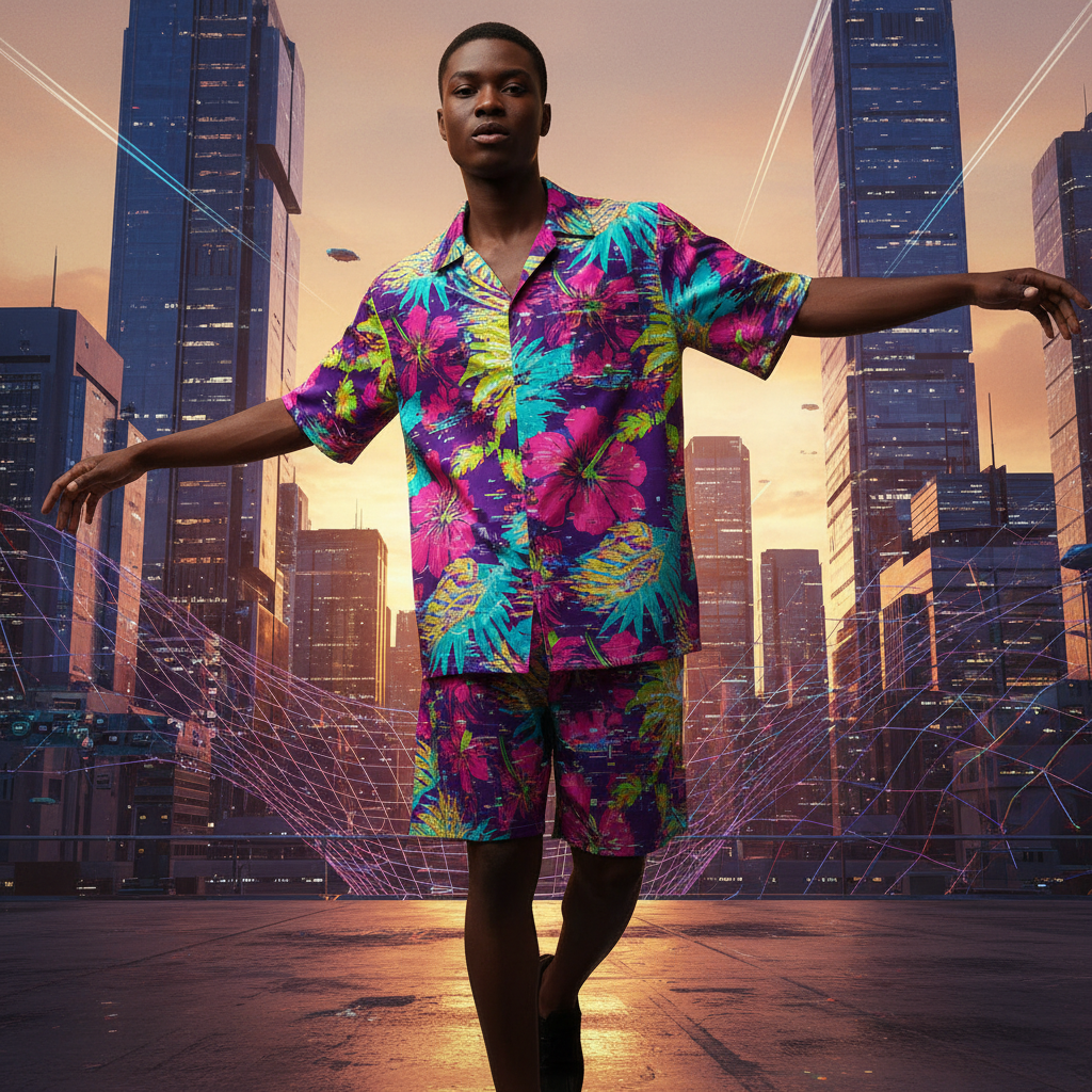 Maximalist patterned co-ords with datamosh, pixelation, and tropical florals.