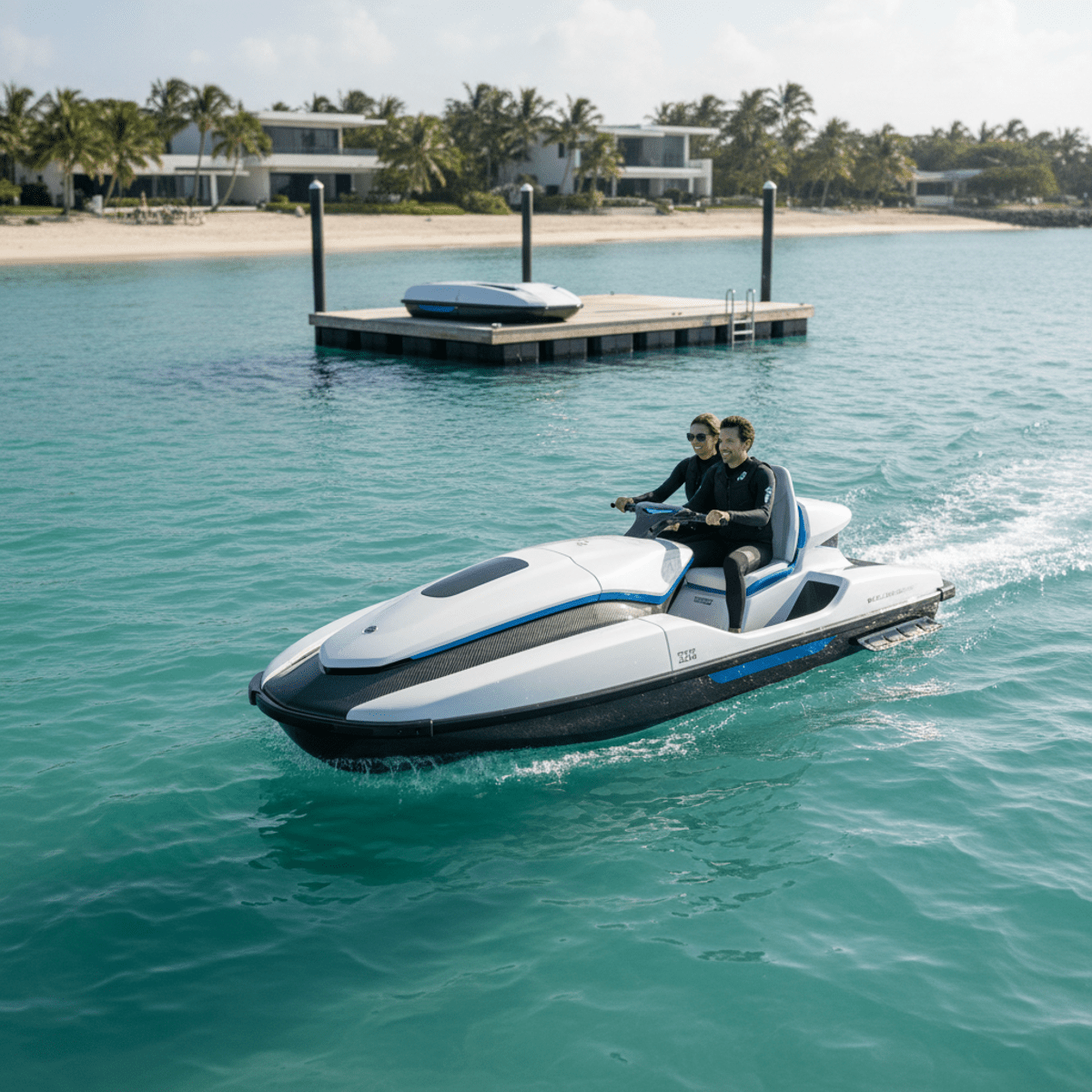 Modular jet ski with two-person bench configuration cruising on clear turquoise waters.