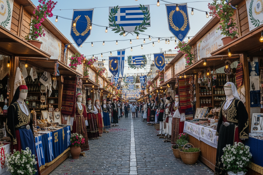 Stalls filled with colorful traditional Greek garments under natural and ambient lighting, capturing festive spirit without recognizable figures