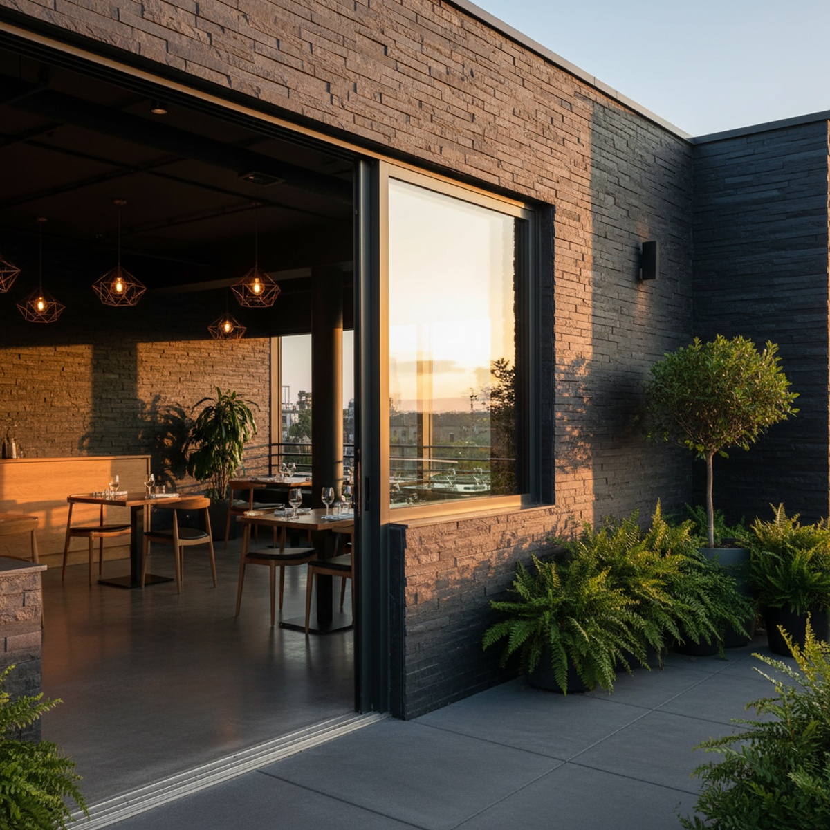 Modern restaurant with dark slate panels connecting indoor dining to outdoor terrace.