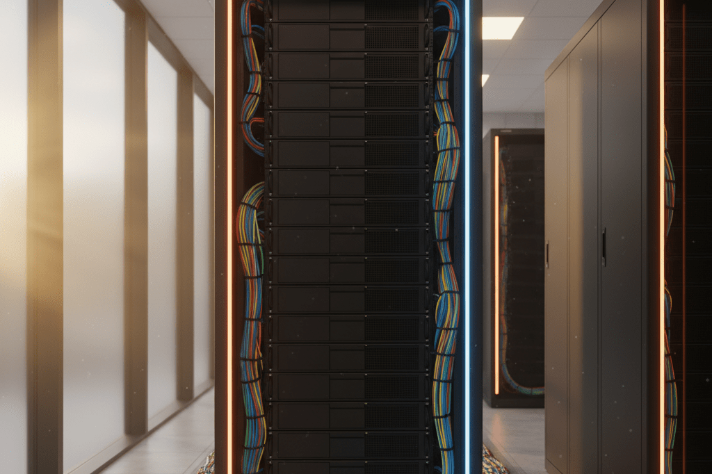 Sleek server rack in a data center lit by warm ambient light, emphasizing digital resilience and infrastructure stability