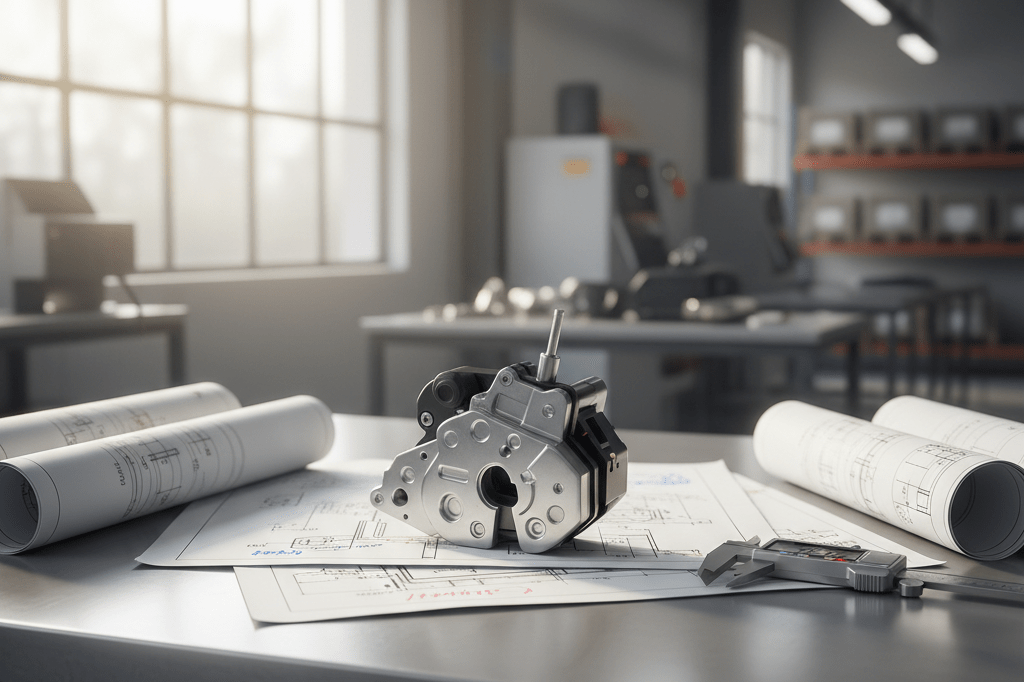 Metallic door lock mechanism on inspection table with tools, highlighting automotive safety and quality control