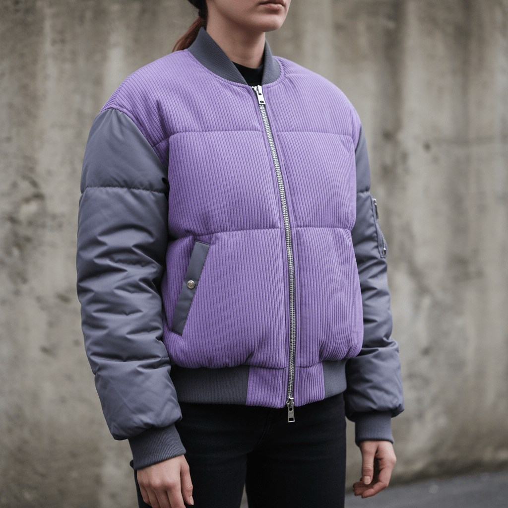 Puffy ribbed bomber jacket with digital lavender and charcoal sleeves against concrete.
