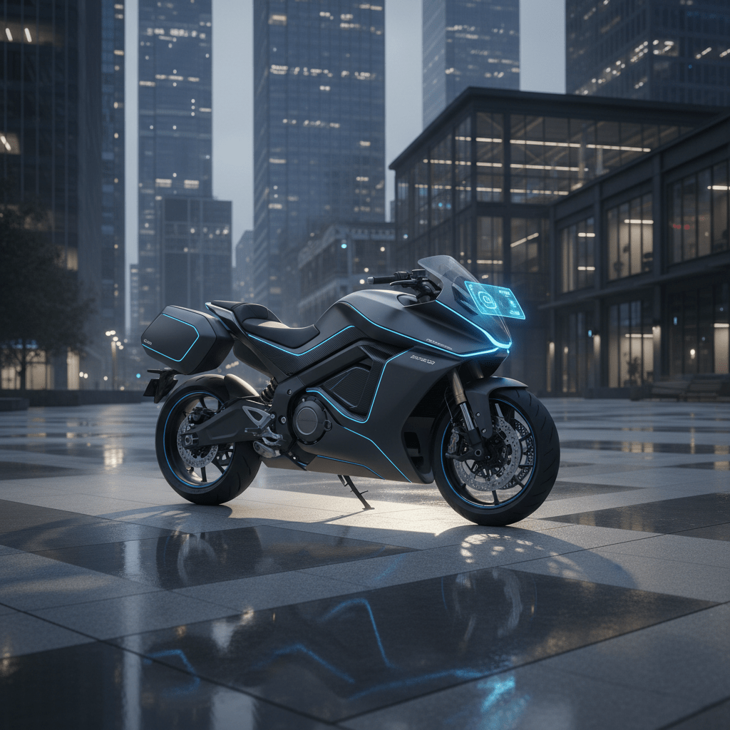 Sleek electric commuter motorcycle with matte black carbon composite and blue LED accents.