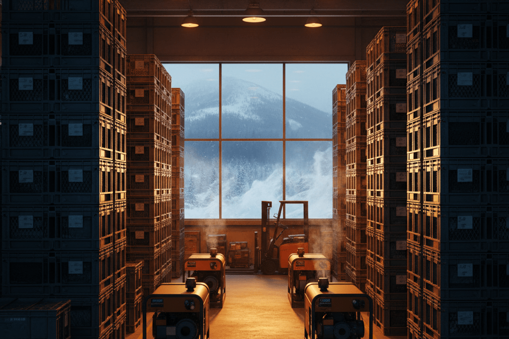 Illuminated distribution warehouse with stacked crates and backup lights during a heavy northern winter storm