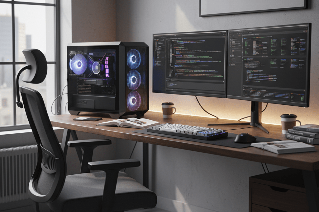 Wide shot of a dual-monitor computer setup in a naturally lit office space, highlighting reverse-engineering and software preservation efforts