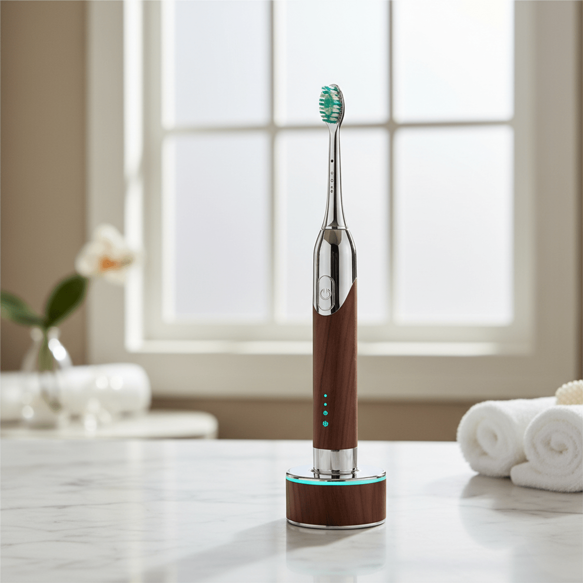 Premium electric toothbrush with wood grain details on marble countertop.
