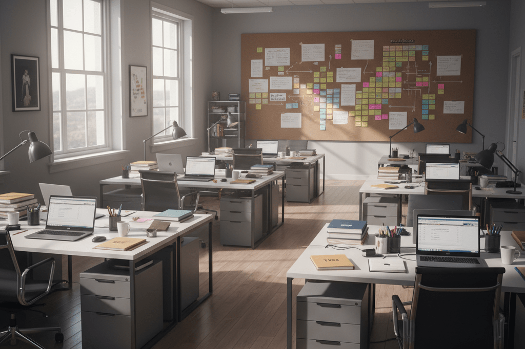 Wide shot of a tidy TV production office with scripts and corkboards under natural and ambient lighting, evoking workplace pressure and organization