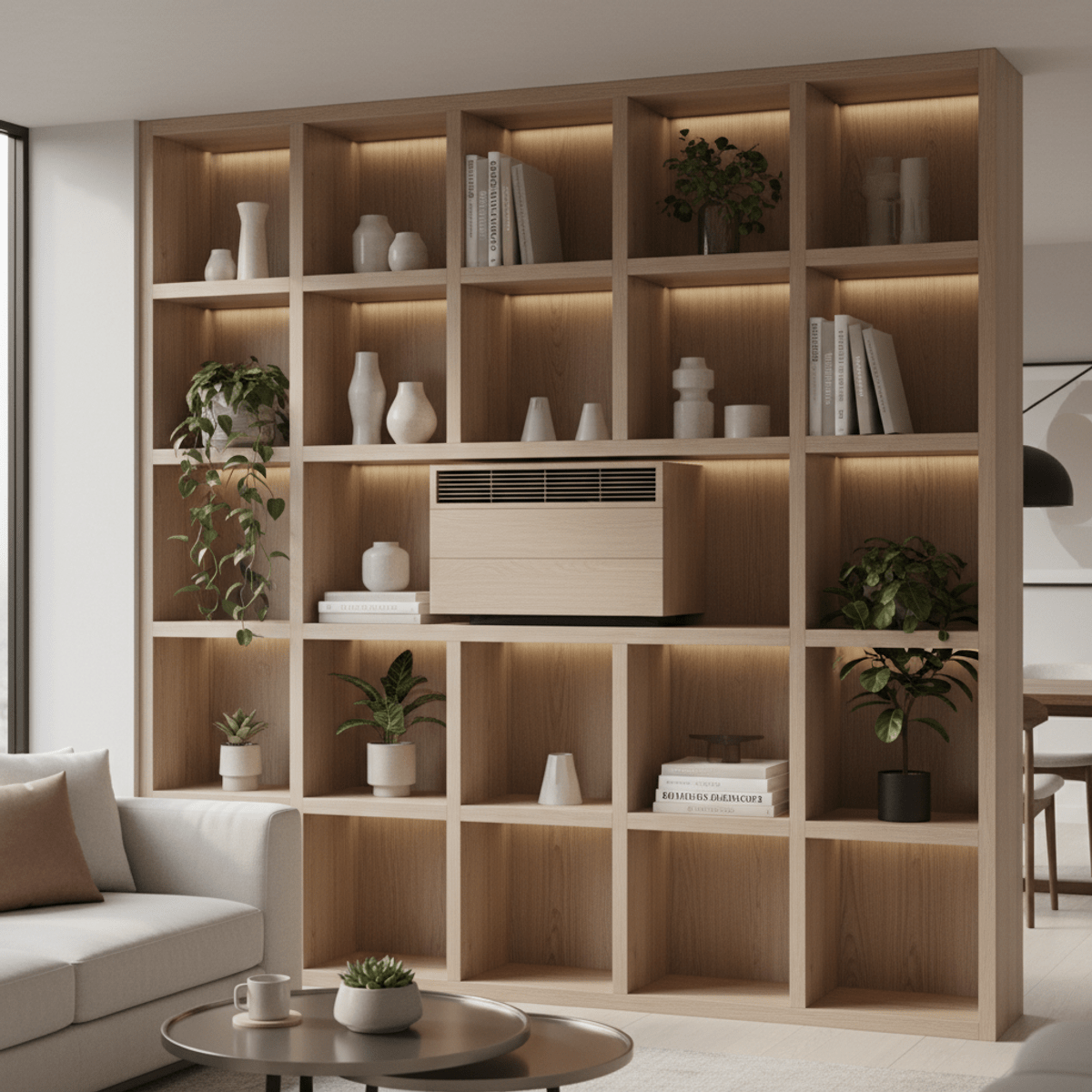 Sleek modular shelving with a built-in, matching AC unit. Modern modular bookshelf with integrated AC unit in a contemporary home.