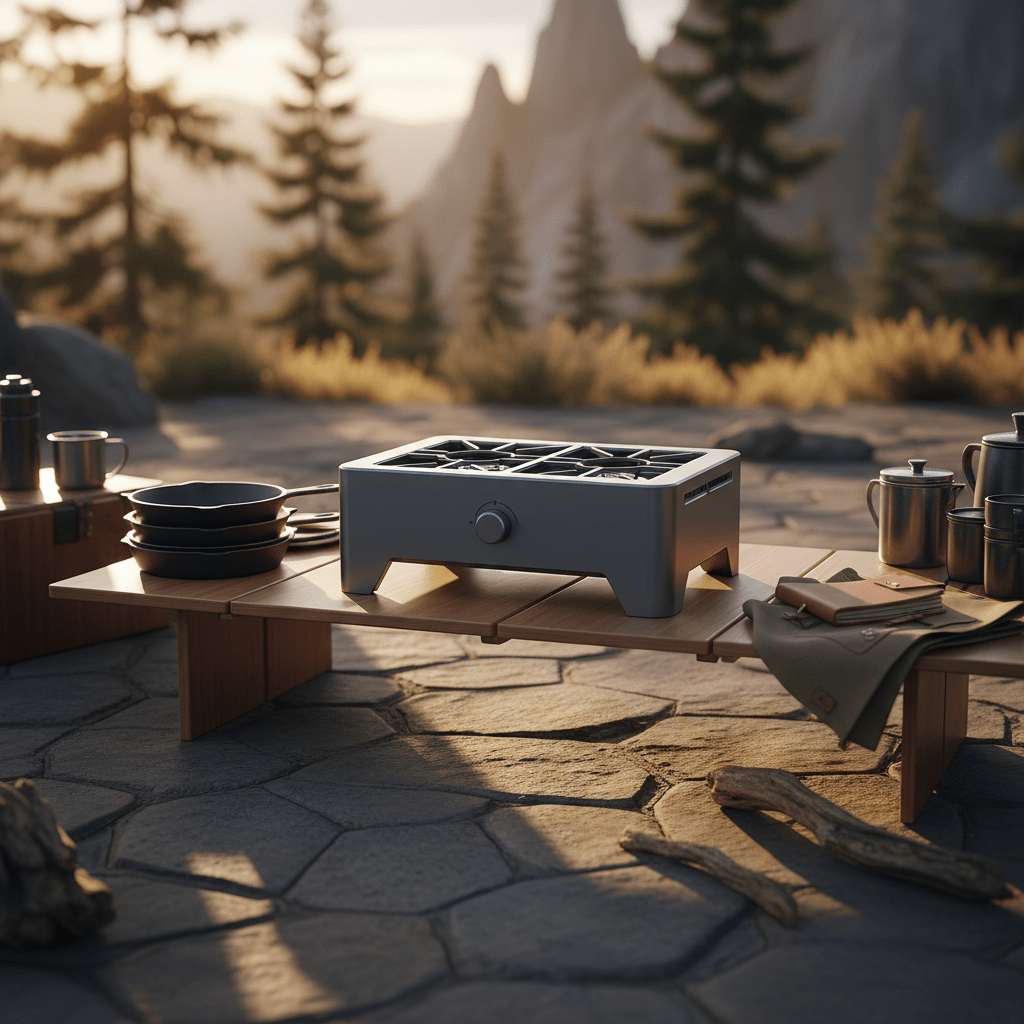 Slate gray matte aluminum portable gas range on a stylish campsite.