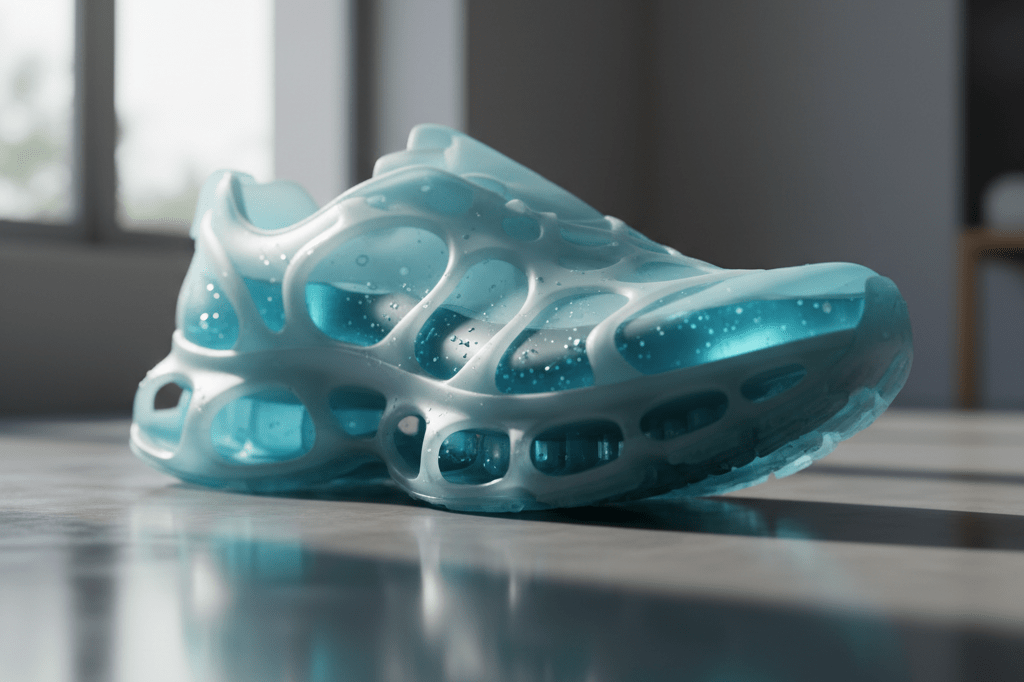 Close-up of a running shoe midsole featuring interconnected liquid chambers under natural light, symbolizing advanced cushioning technology