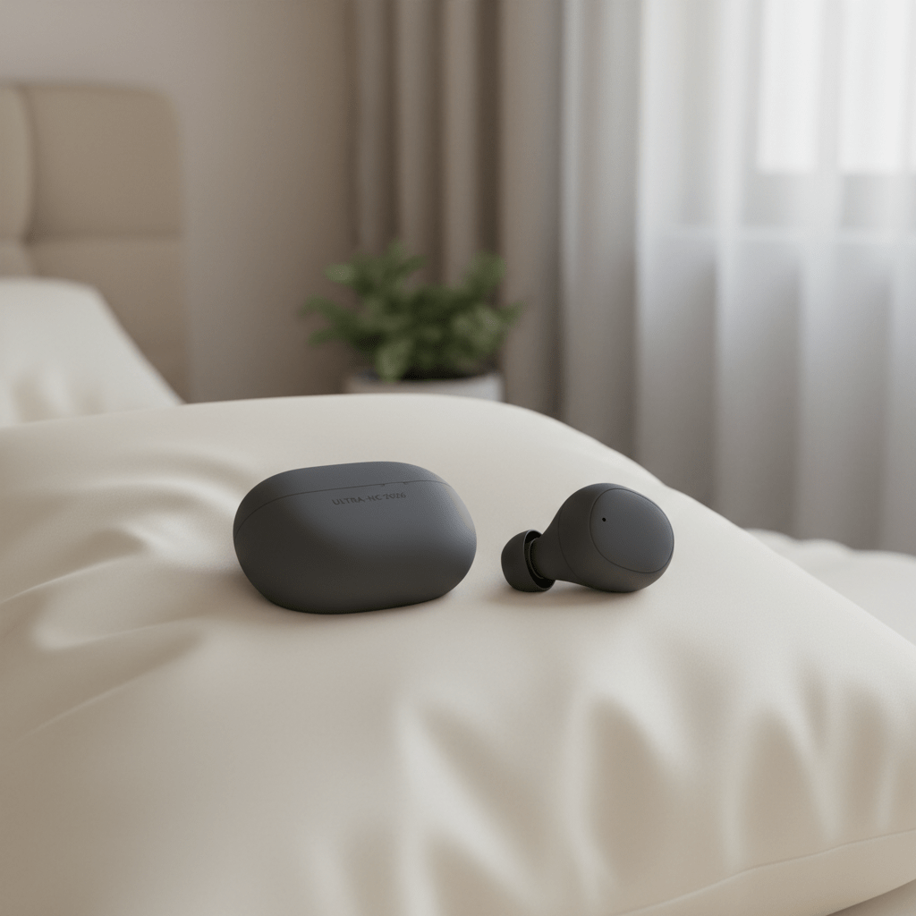 Ultra-compact noise cancelling earbuds resting on a soft silk pillow.