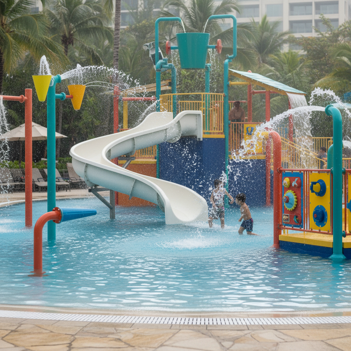 Children and adults enjoying a luxury pool playground with water cannons and interactive panels.