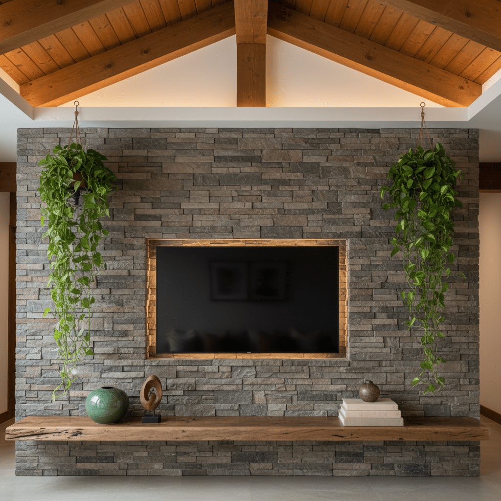 Modern lounge with TV, stone wall, and lush hanging plants creates a biophilic atmosphere.