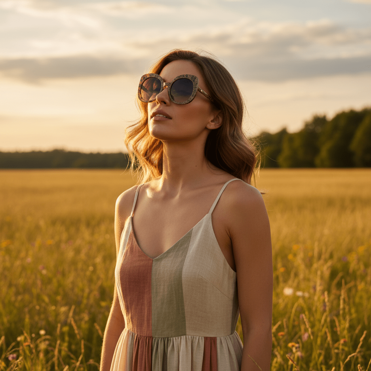 Oversized round bio-acetate sunglasses worn in a sunlit meadow at golden hour.