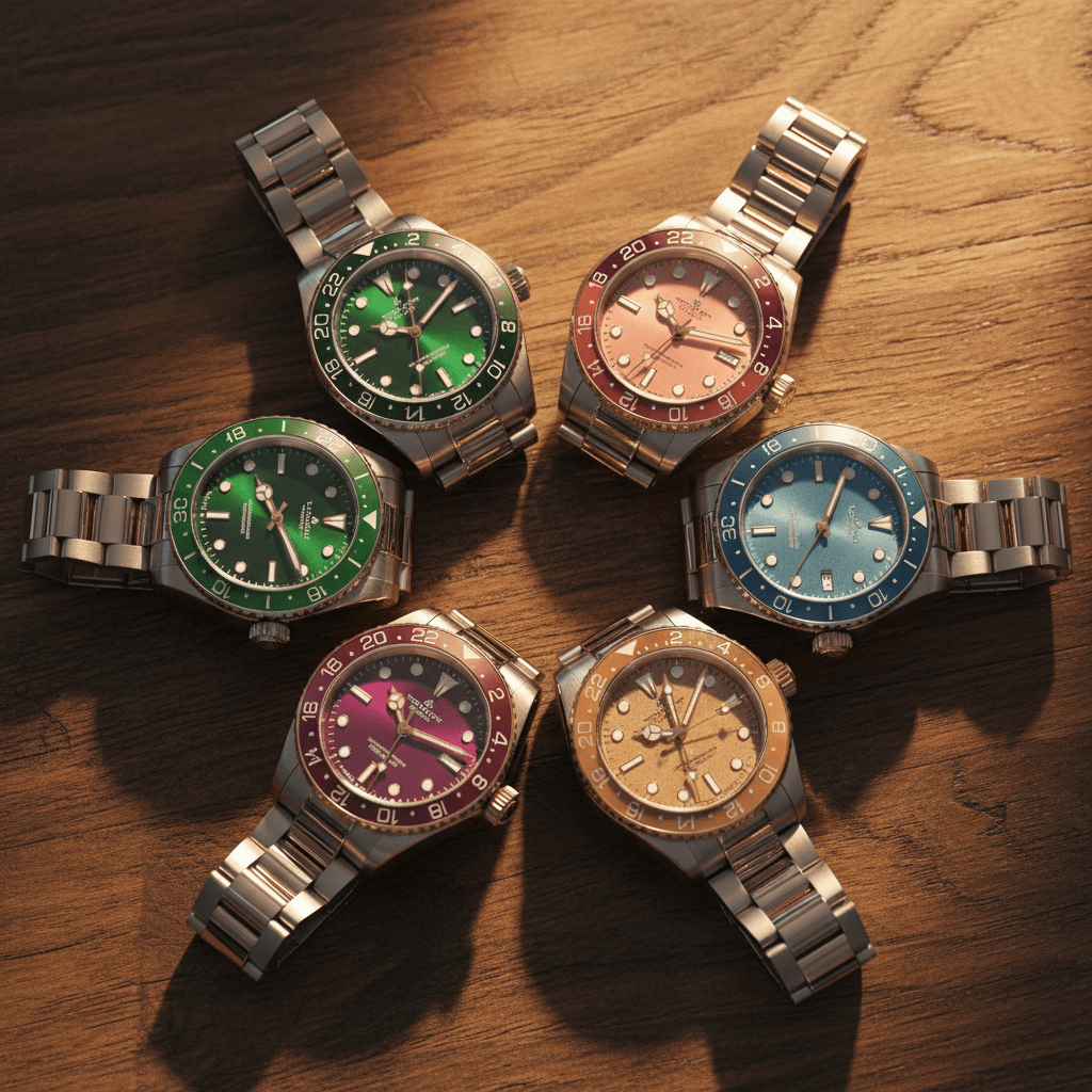 Overhead view of vibrant GMT watches with spectrum bezels on textured wood.
