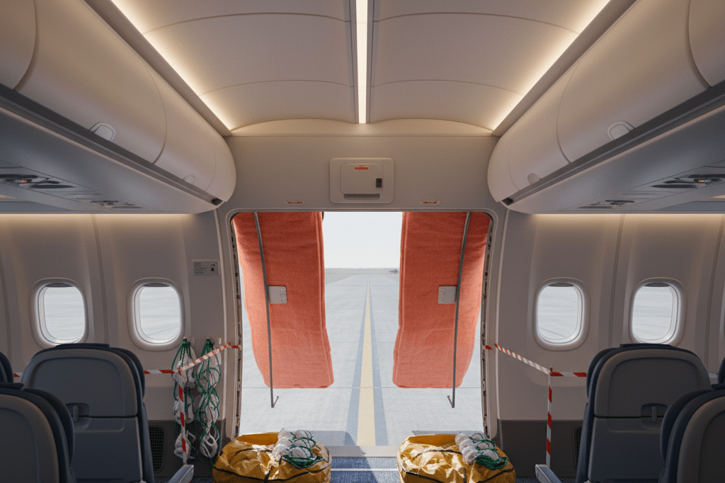 Photorealistic image of an empty aircraft cabin with deployed slides and safety gear under natural lighting conditions
