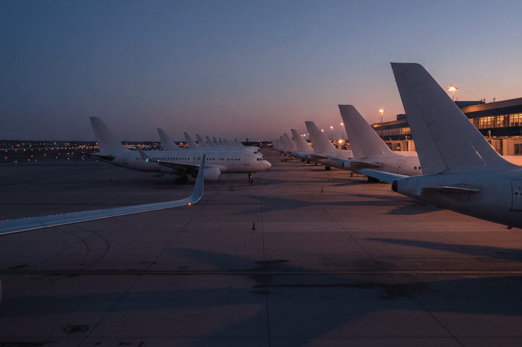 Row of idle airplanes on tarmac during dusk, reflecting transportation crisis effects on global shipping networks