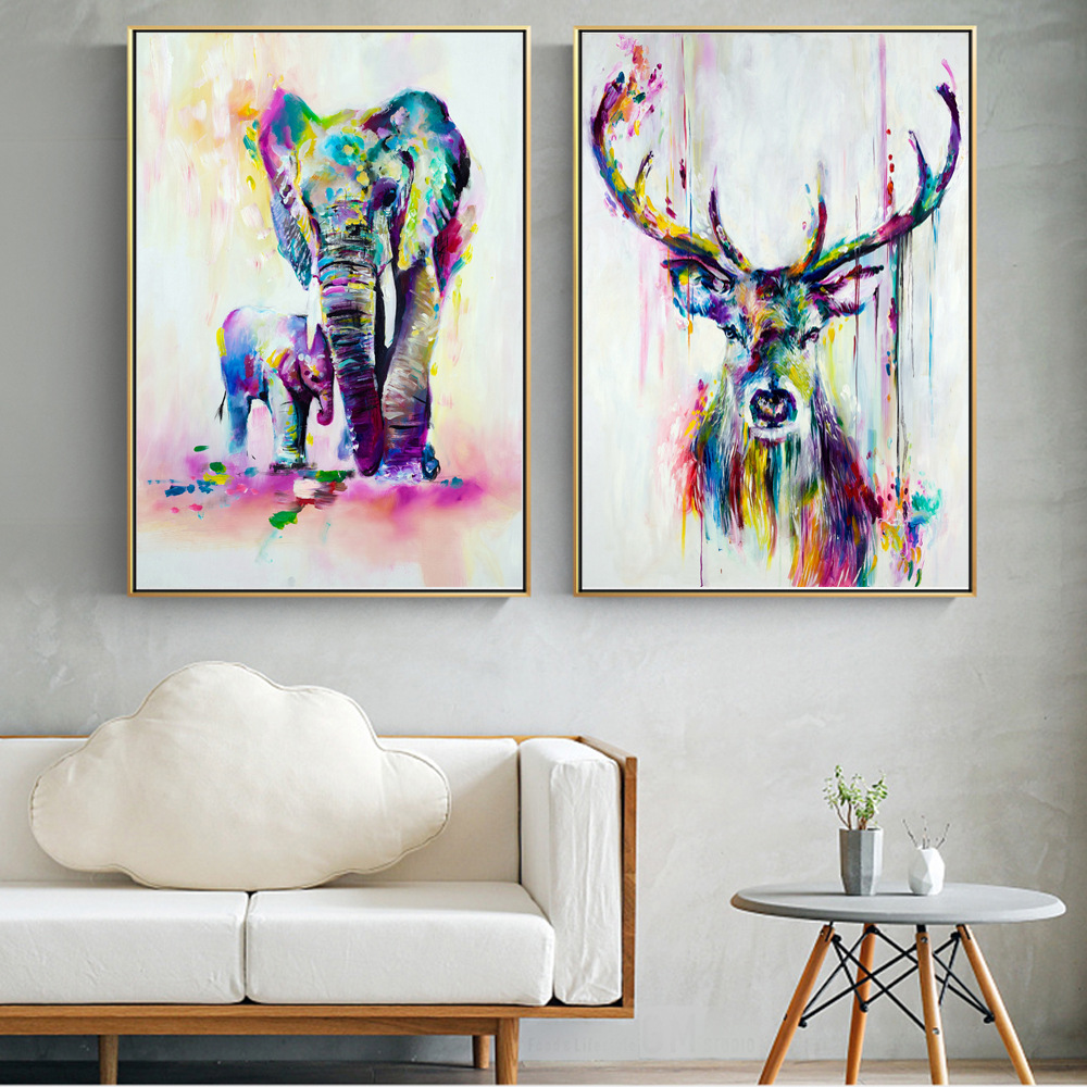 Watercolor Animals  painting elephant and deer abstract graffiti art painting poster prints decorative painting For Kids room