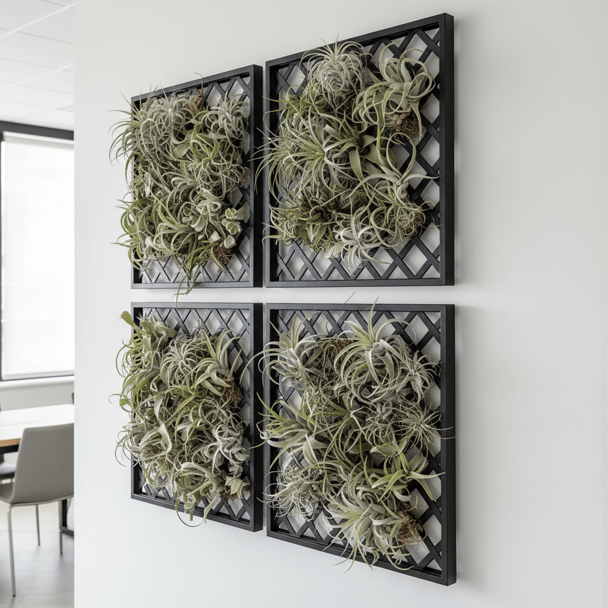 Modern indoor art with air plants woven through black metal lattice on a white wall.