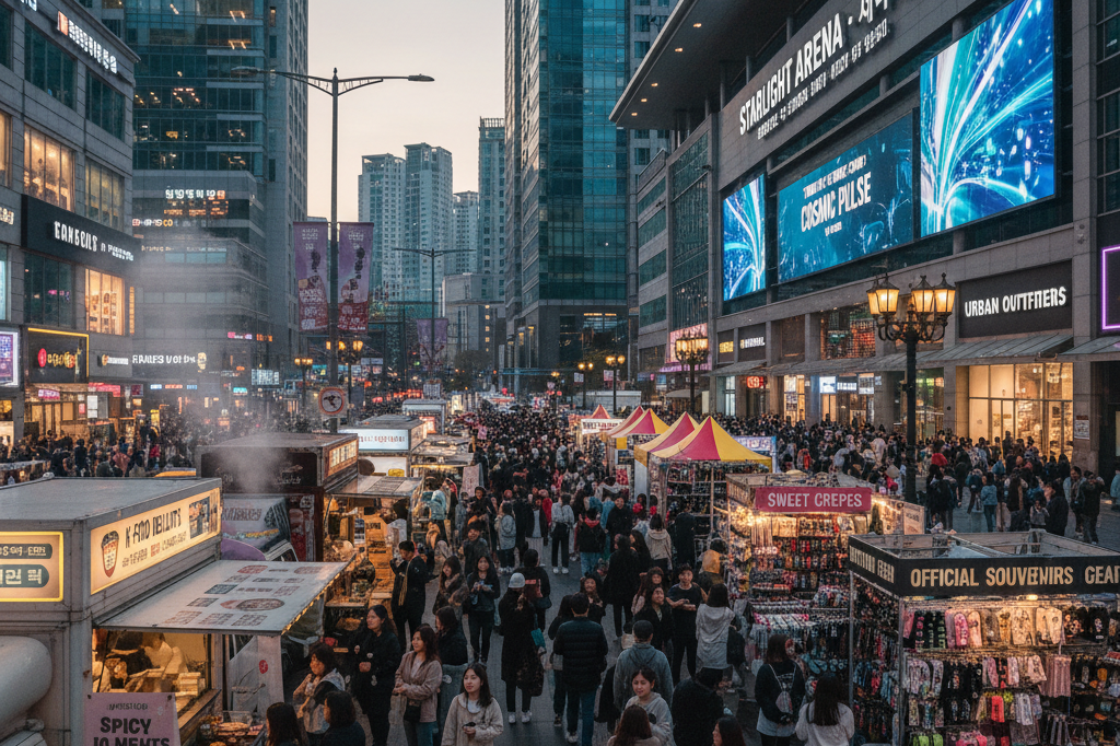 Wide-angle view of vibrant streets near a concert venue showcasing local business activity under ambient lighting
