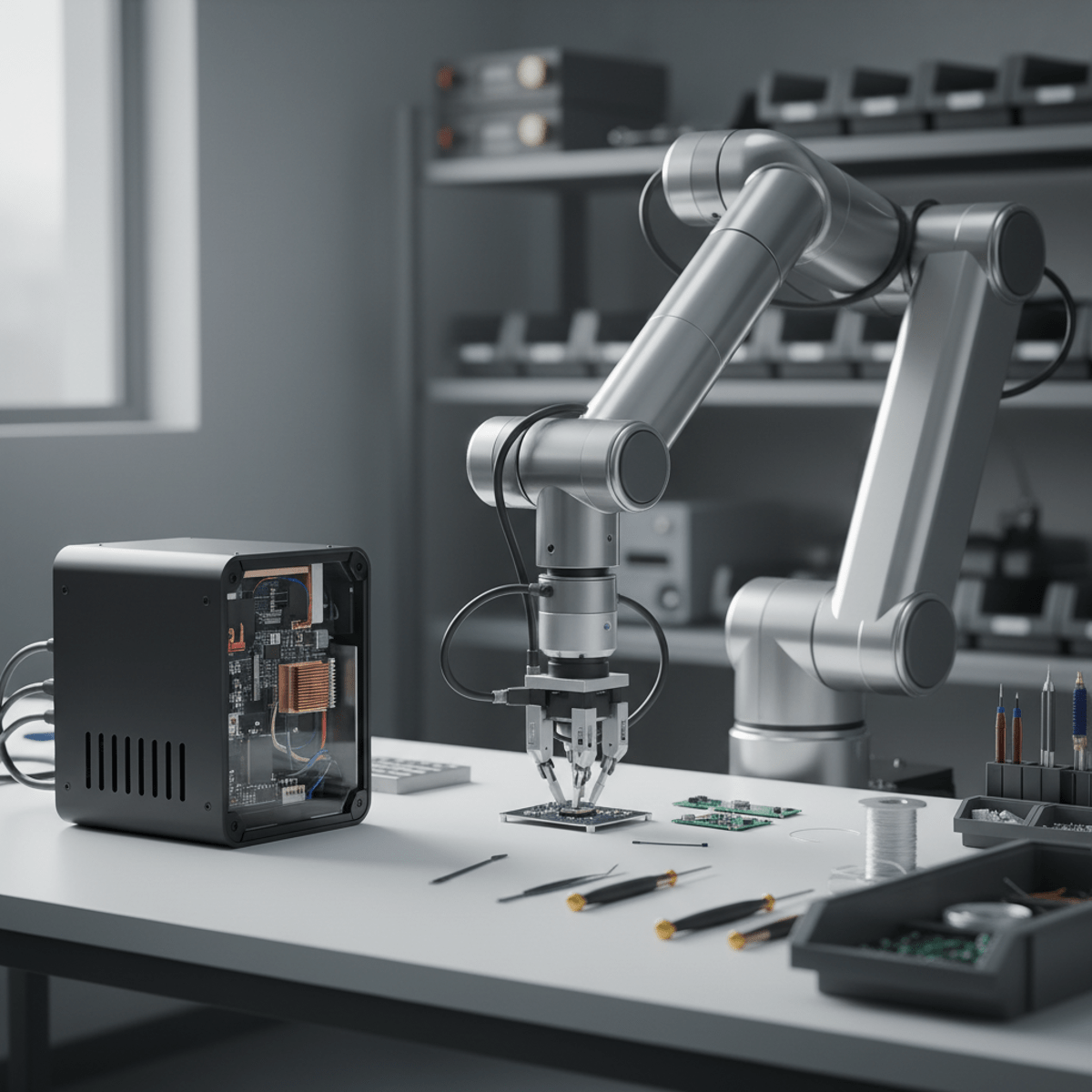 Modular robotic arm with brushed metal on clean workbench doing assembly.