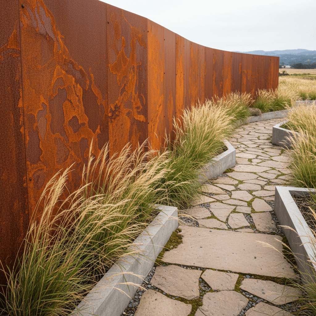 Weathered Corten steel fence panels with rust patina in a rustic landscape.