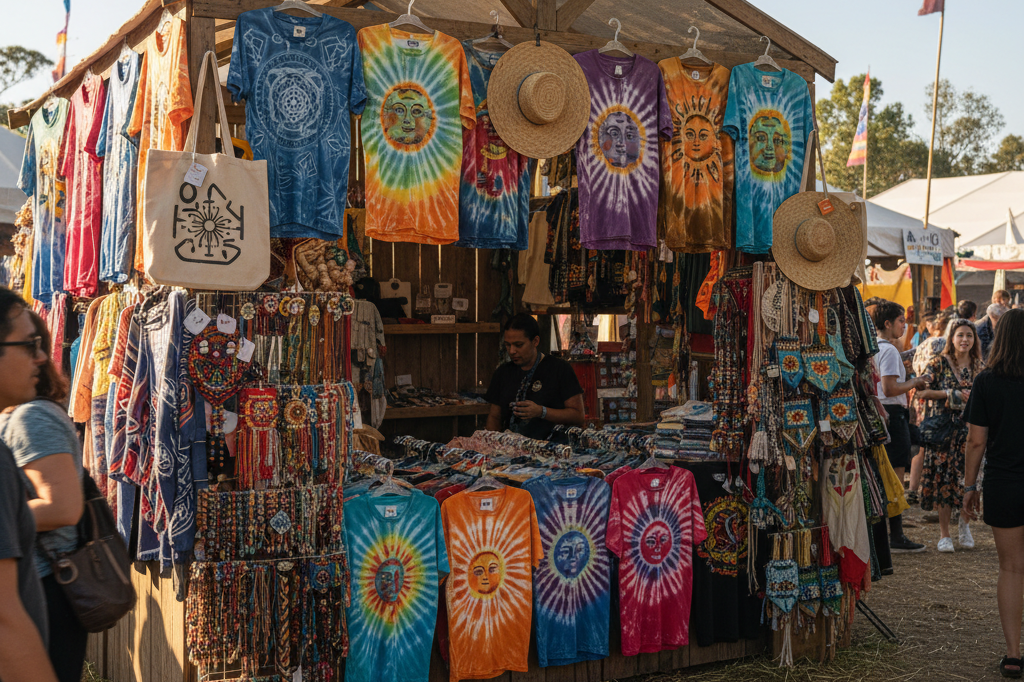 Vibrant festival merchandise booth with colorful apparel under natural light, showcasing commercial energy at music events