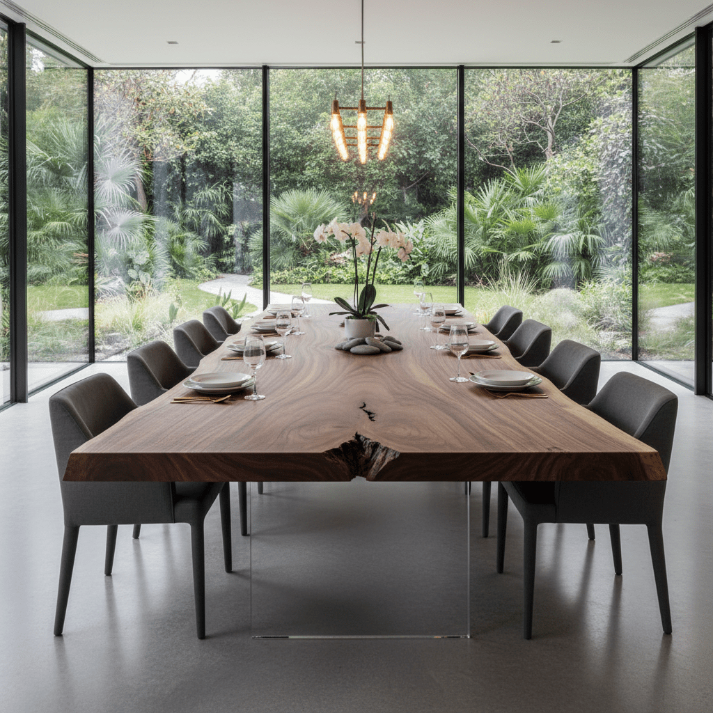Solid walnut live edge dining table on floating base Sustainably sourced walnut dining table with live edge on acrylic base.
