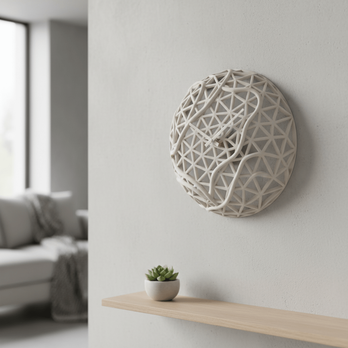 3D-printed clock with parametric design and organic curves on a modern wall.
