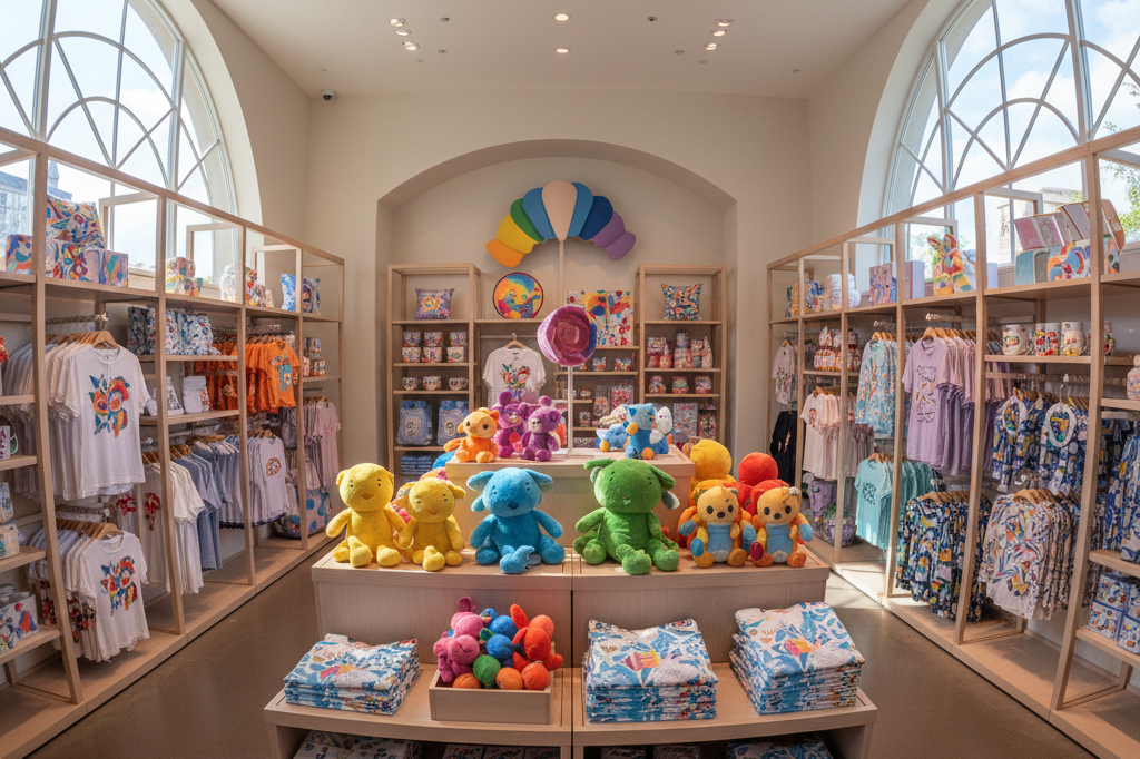 Wide-angle view of a vibrant Disney-themed retail display highlighting organized toys, apparel, and home goods under soft ambient lighting