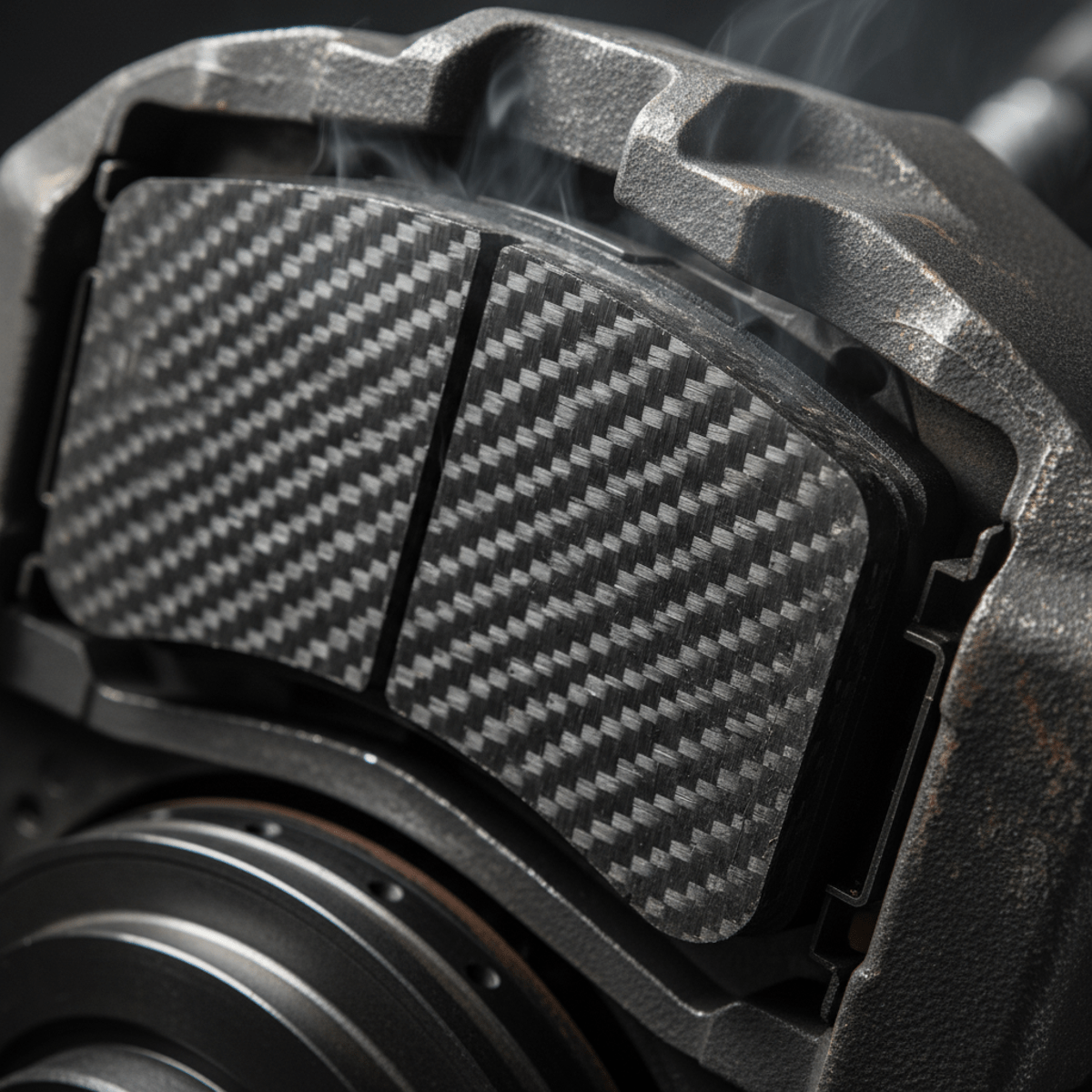 Close-up of carbon-carbon composite brake pad matrix with charcoal and graphite textures.