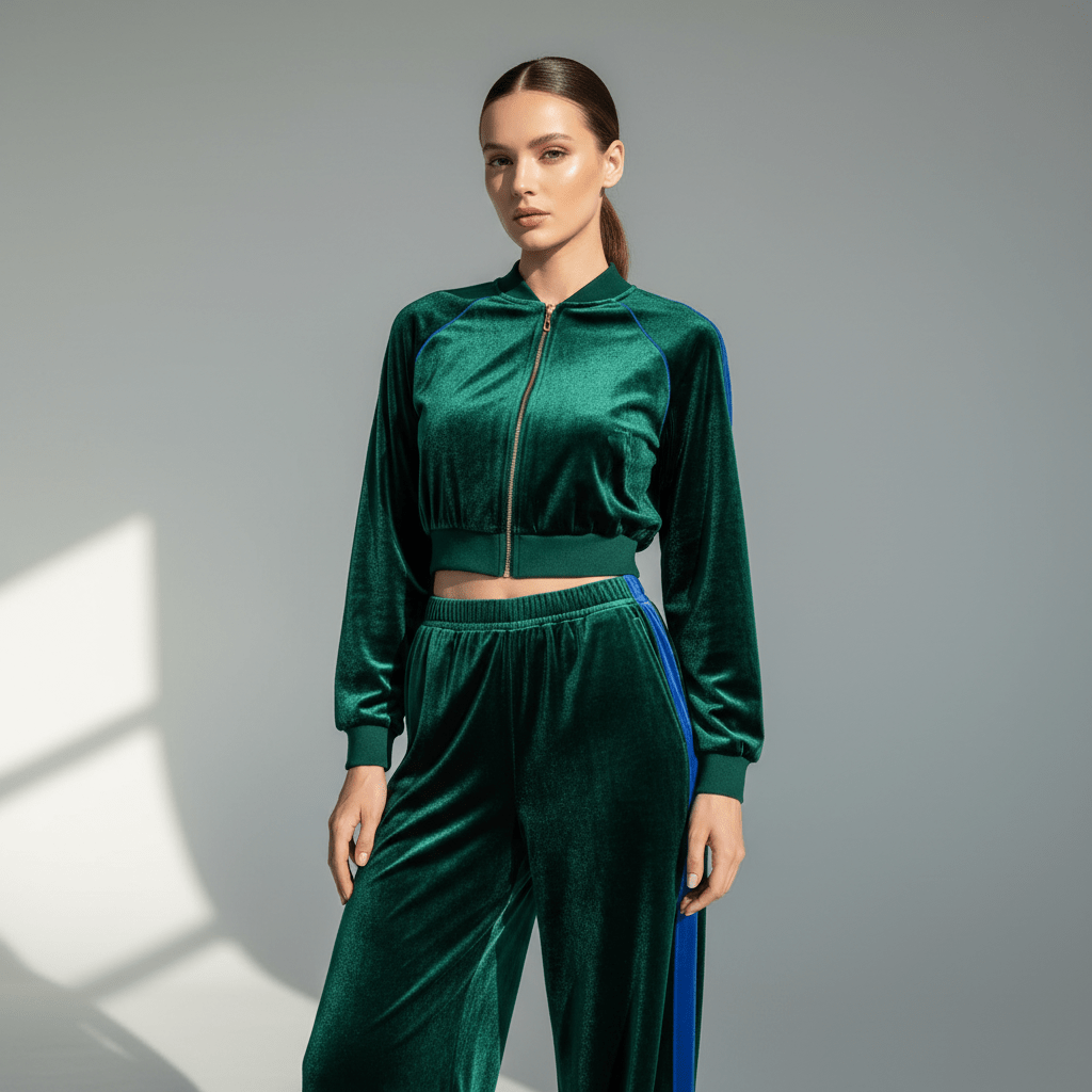 Luxurious deep jewel-toned velvet tracksuit with a cropped jacket and wide-leg pants.