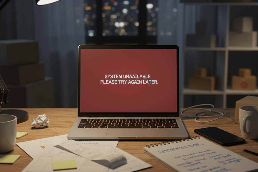 Desk with laptop showing error screen, order forms, notepad, and phone under warm ambient lighting symbolizing marketplace disruption