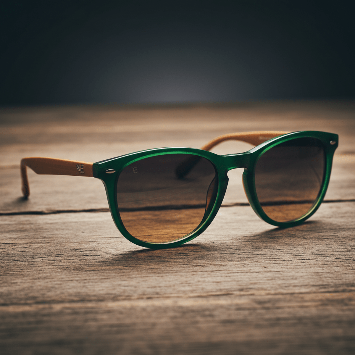 Close-up of forest green sunglasses with cognac accents on textured wood.