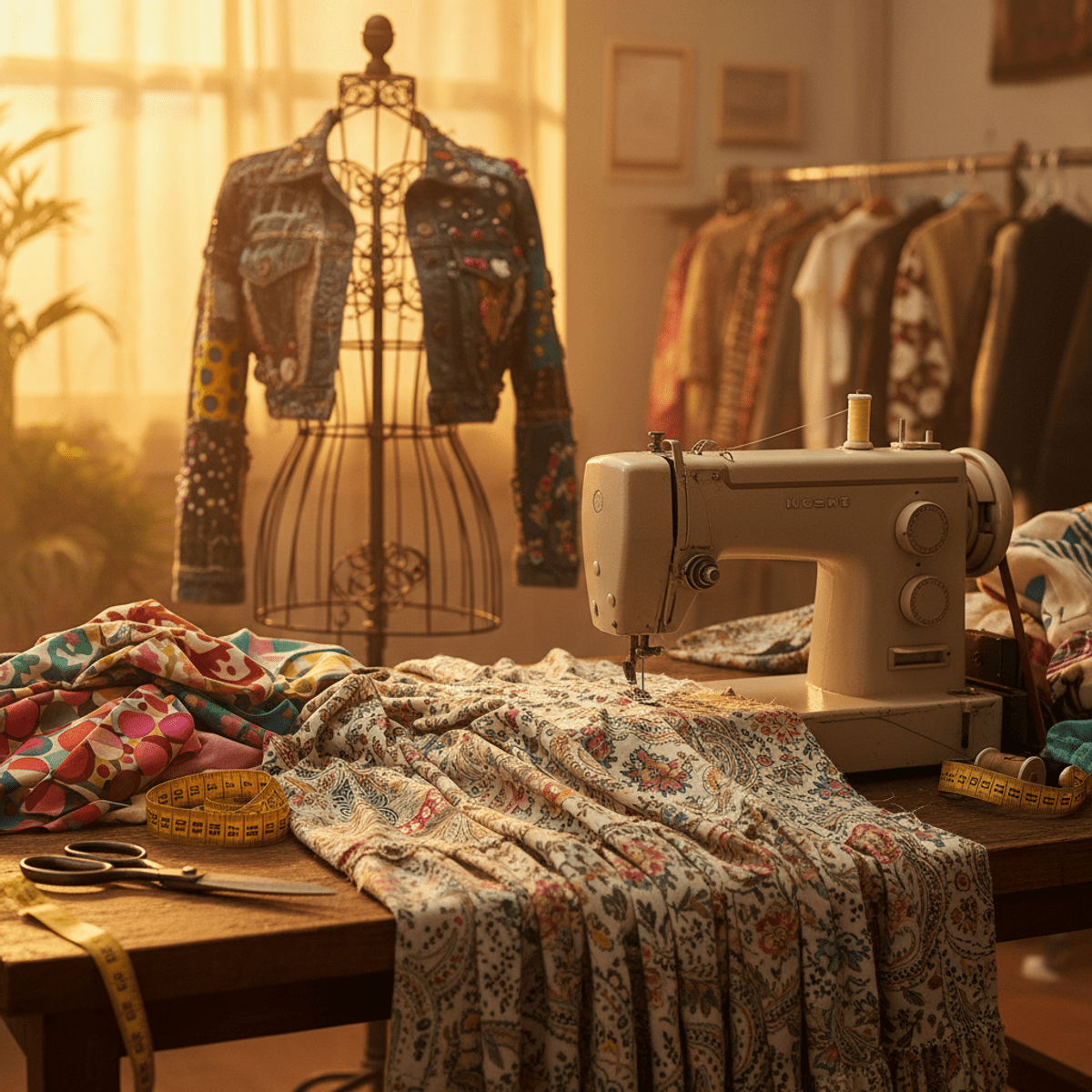 Creative studio transforms vintage curtains into a bohemian skirt with thrifted fabrics.