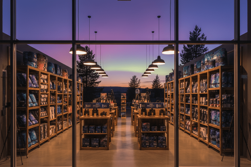 Warmly lit retail display featuring thermal blankets and binoculars for aurora viewing during twilight hours