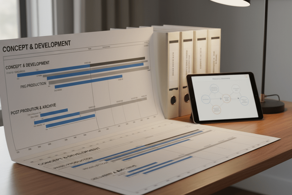 Strategic production planning desk with timeline charts and resources Professional desk with long-term production timeline charts and binders under natural and warm ambient lighting