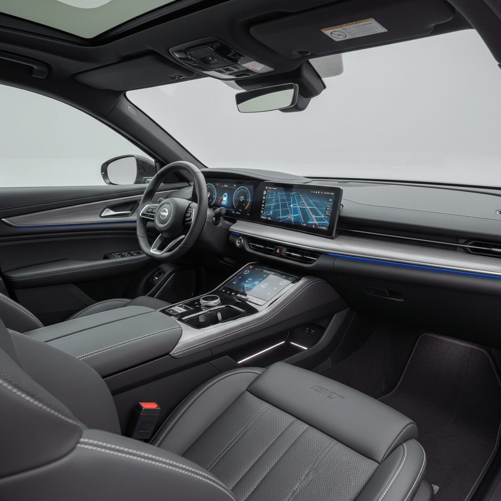 Driver-focused curved display and Nappa leather seats in a luxurious sedan interior.